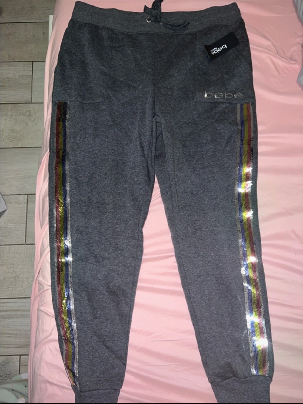 bebe women’s Gray Sweat Joggers with Rainbow Side Stripes